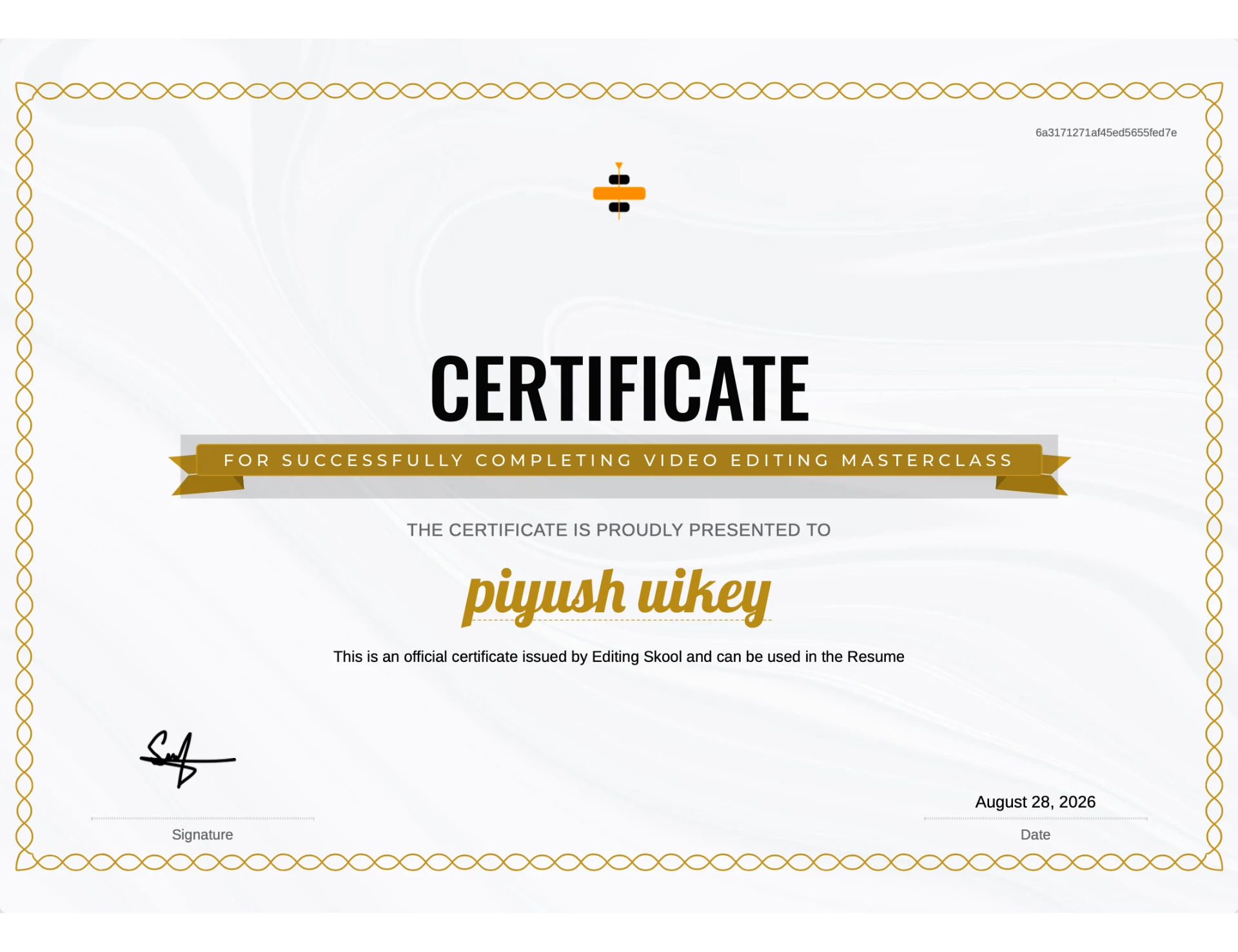 Video Editing Masterclass certificate awarded to Piyush Uikey by Editing Skool